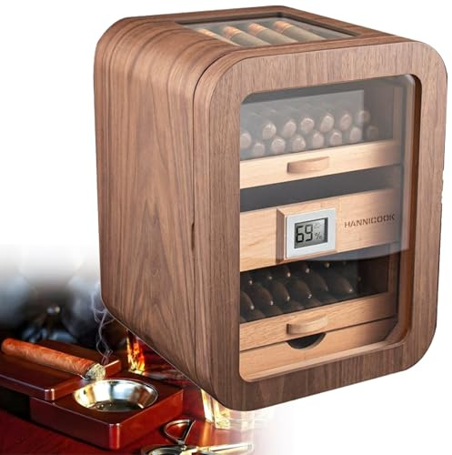 Tsampa Zigarren-Humidor Schrankhumidore, elektrischer Zigarren-Humidor-Kühler mit Regal und Schublade aus Zedernholz, Temperaturregelung,Kleiner Zigarren-Humidor für 110 Zigarren(Brown,WithSunroof)