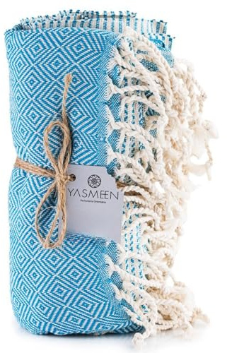 Yasmeen Pestemal Hamamtuch 96 x 180 cm – 100% Baumwolle – 415 g/m² – Saunatuch – Strandtuch – Badetuch - schnelltrocknend und leicht (Blau, 96x180 cm)