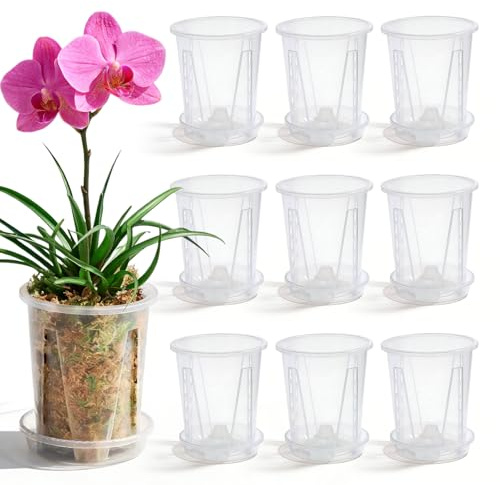 GOMETY 20 vasi trasparenti per orchidee, 10 cm, con vassoio, in plastica con foro di drenaggio, traspiranti, trasparenti, per interni ed esterni, giardino, balcone