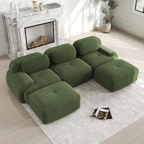 Bladez Modernes 3-Sitzer Cord Sofa Modulares U-förmiges Ecksofa mit Ottoman Hocker, Ohne Montage, Cloud Polstersofa Couchs kombinierbar, für Wohnzimmer (Grün, 3-Sitzer+2)