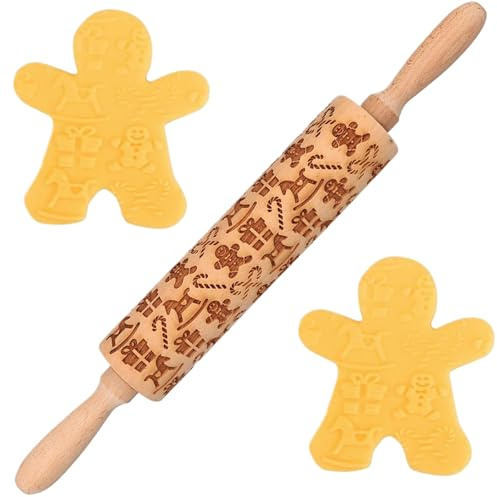 CAKEEYUM Mattarello Natalizio in Legno da 14 Pollici con omino di Pan di in Rilievo con Scatola di Bastoncini di Zucchero e Cavallo a Dondolo per cuocere Biscotti, Torta di Natale, Rilievo