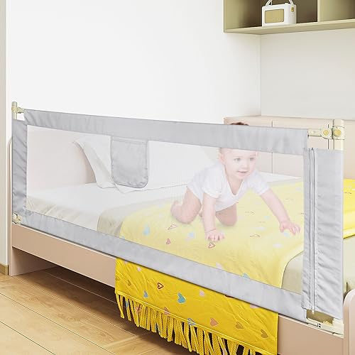 Kedia Bettgitter, Bettschutzgitter für Kinder Rausfallschutz Bett, Rausfallschutz Kinderbett, Bettgitter für Kleinkinder, Babybett Umrandungen Höhenverstellbar (Hellgrau - 2.0m)
