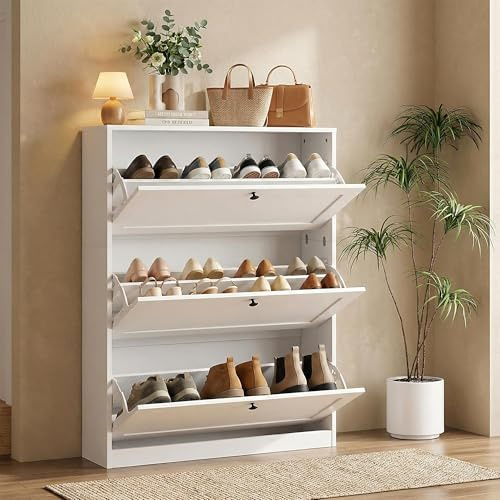ZZINOKE Schuhschrank 3 Klappen, Schmaler Schuhschrank mit Verstellbaren und Herausnehmbaren Einlegeböden, Kipper, für Eingangsbereiche, Flure und Kleiderschränke, 80×24×117cm, Weiß