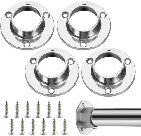4PCS 25mm Wardrobe Rail Bracket End Sockets with Screws,Heavy Duty Stainless Steel Flange Mount Closet Rod Holders,Polished Chrome Wall Fixed Mounting Plates for Hanging Pole,Towel Bar,Shower Curtain