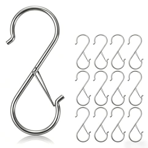 Flomiara 10 Stück S Haken Edelstahl, 90mm Haken zum Einhängen, Sicheres Schnallendesign, Haken mit Sicherung Geeignet für Küche, Werkstatt, Badezimmer, Garten, Silber