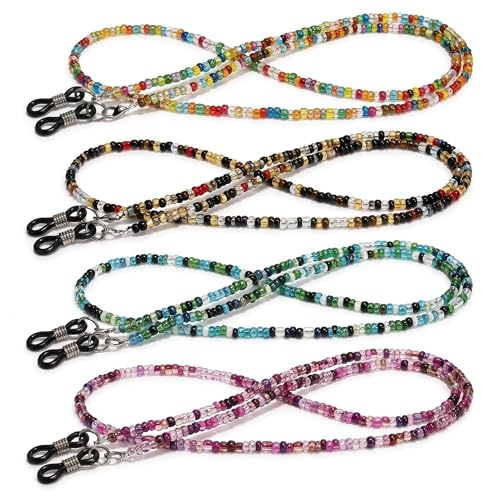Comforso 4 Pcs Glasses Strap Beaded Eyeglasses Chains Spectacles Cord | With Anti-Slip Silicone Loops Sunglasses Necklace for Women and Men 70cm Glasses Cord Eyeglass Holder for Outdoor Sports