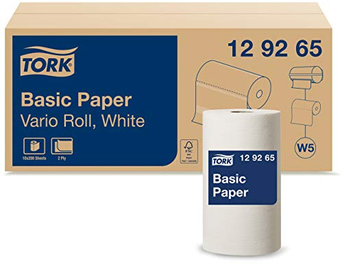 Tork 129265 Basic Paper 2 Ply / Absorbent Paper Roll Suitable for Tork W5 Vario Roll System / White / 10 x 55m / Ø 13.6cm
