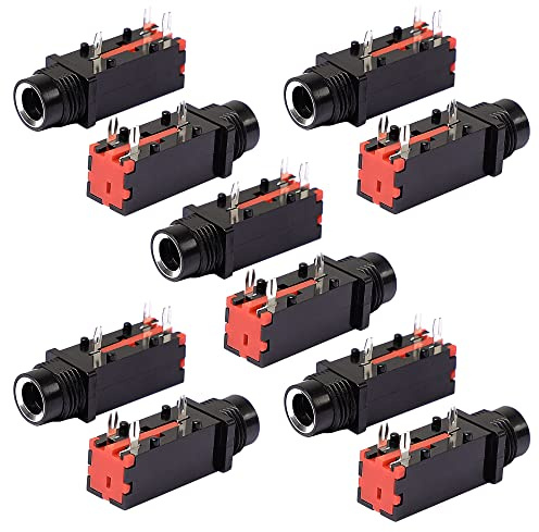 sourcing map 10 Pcs 6.35mm 1/4 Inch 3Pin Mono Jack Panel Mount PCB Connectors, Metal 6.35mm Headphone Socket Audio Stereo Connector, Silver Tone Black