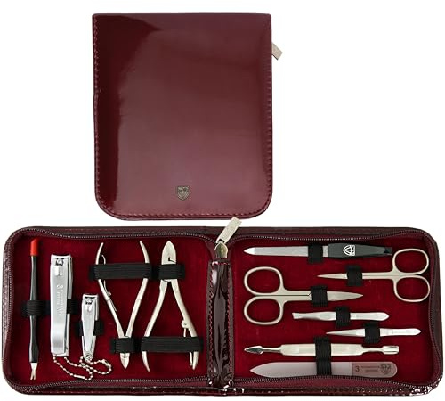 DREI SCHWERTER - 12-tlg. Maniküre-Pediküre-Set 'Firenze' | Hochwertiges Nageletui aus Kunstlackleder zur Hand- & Fußpflege. Farbe: Weinrot | Inhalt: Nagelschere, Nagelknipser, Pinzette & vieles mehr