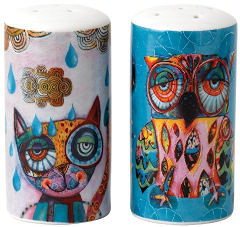 Cat & Owl Chat et Chouette Hibou et Chat Salt-Pepper Shaker Set, Multicolore