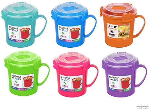 2xSistema Klip It Microwave Soup To Go Mug, 565ml, Assorted Colours