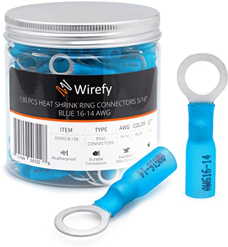 Wirefy Blaue Ringkabelschuhe Schrumpfverbinder M8 - Lötfreie Kabelschuhe Sortiment - Ringkabelschuh Quetschverbinder 1,5-2,5 mm² - 130 Stück