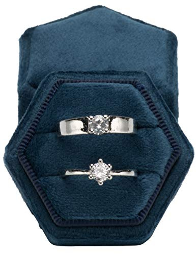 POKOFO Vintage Hexagon Velvet Bearer Box Double Ring with Detachable Lid (Dark Blue)