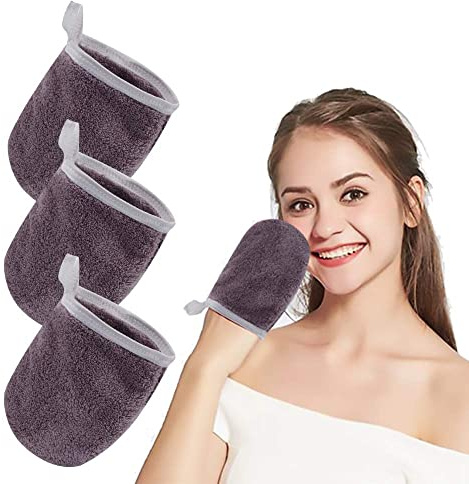 KinHwa Abschminkhandschuh Waschbar 3er Set – Handschuh-Design für stabilen Halt – Wiederverwendbare Makeup Entferner aus Mikrofaser – Sanfte Gesichtsreinigung nur mit Wasser – Inkl. Wäschesack（Lila）