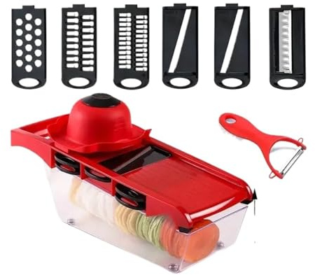 Cortador y triturador de verduras multifuncional 9 en 1 con cesta, picador frutas, patatas, zanahorias otros utensilios cocina(Red)