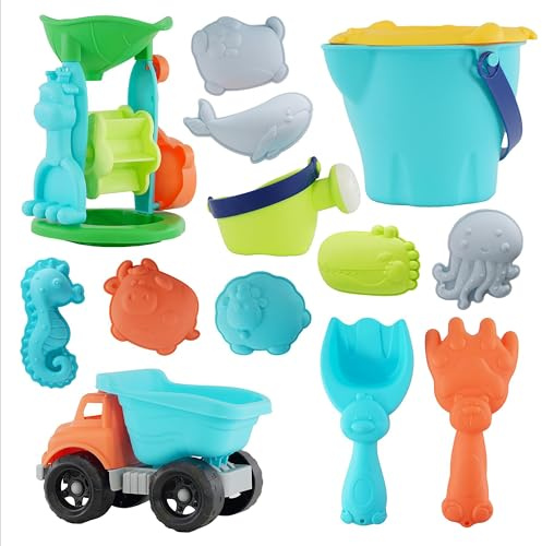 The Magic Toy Shop Kids Beach Truck Set with Accessories - Turn Sandpits Into Construction Sites, Water Mill, Sand Moulds, Bucket - Great Toys for Summer Holidays, Outdoor Play, Toddlers