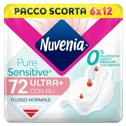 Nuvenia, Assorbente Pure Sensitive Ultra Giorno con Ali, Assorbenti per Flusso Normale, Confezione da 72 Assorbenti