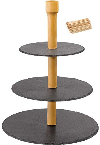 Westmark 3-stufige Naturschiefer-Etagère + 100 Mini-Fingerfood-Sticks, mit Kratzschutz, Maße: ø 28,5 x 40 cm, Schiefer/Kiefer, Tapas + Friends, Anthrazit/Hellbraun, 69682260