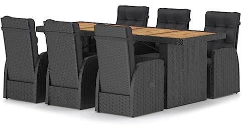 vidaXL Gartenmöbel 7-TLG. mit Auflagen Gartengarnitur Sitzgruppe Sitzgarnitur Gartenset Tisch Stühle Gartentisch Gartensessel Poly Rattan Schwarz