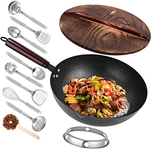 Leidawn 12.8 Carbon Steel Wok-11Pcs Woks & Stir Fry Pans Wok Pan with Lid, No Chemical Coated Chinese Woks with 10 Cookware Accessories, Flat Bottom Wok for Electric, Induction,Gas Stoves