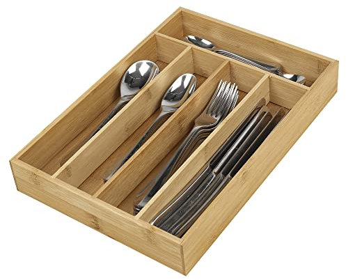 URBNLIVING Wooden Bamboo Expandable Cutlery Tray, Kitchen Drawer Insert Box Storage Organiser, 5/7 Compartments (5 Compartments (Non Extending))