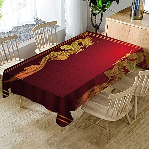 DONGSHAN Dragon Chinois Nappe de Table Anti Tache Nappe Exterieur Imperméable Couverture de Table de pour Cuisine Jardin Fête, Nappe Carrée en Tissu Polyester 140x140 cm