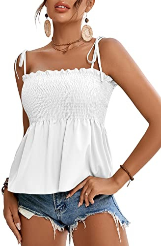 LYANER Women's Cute Summer Tops Tie Shoulder Shirred Ruffle Hem Sleeveless Sexy Cami Blouse Peplum Top White Large