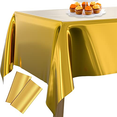 PartyWoo Tischdecke Gold Folientischdecke, 2 STÜCK, 137 x 274 cm/ 54 x 108 Zoll Rechteckige Party Tischdecke Abwaschbar für 6 bis 8 Fuß Tisch, wasserdichte Tischdecke für Geburtstag, Hochzeit