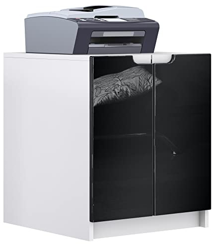 Vladon Commode d'imprimante Logan, Armoire à dossiers avec 2 Compartiments et 2 Portes, Corps Blanc Mat, façades Noir Haute Brillance, (51 x 60,5 x 54 cm)
