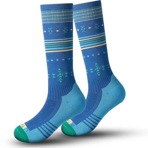 Skisocken Kinder Alpaka Merinowolle Socken Jungen Mädchen, OTC Streifen Design Dick Gepolstert Knie Hoch Atmungsaktive Warme Compression Kinder Socken für Winter Outdoor-Sportarten 1Paar/2Paar