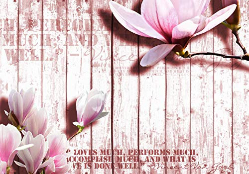 wandmotiv24 Fototapete Pink Holz rosa Blüten, 400 x 280 cm - selbstklebende Strukturtapete, Wanddeko, Wandbild, Wandtapete, Zaun, Blumen, Schrift M1574