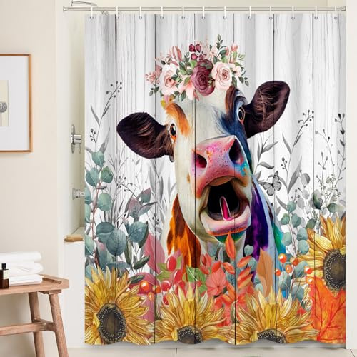 Ttincceer Cortina de Ducha 183 x 183 cm diseño de Vaca diseño Retro de Girasoles otoñales con Ganchos Impermeable Lavable y Decorativa para bañera