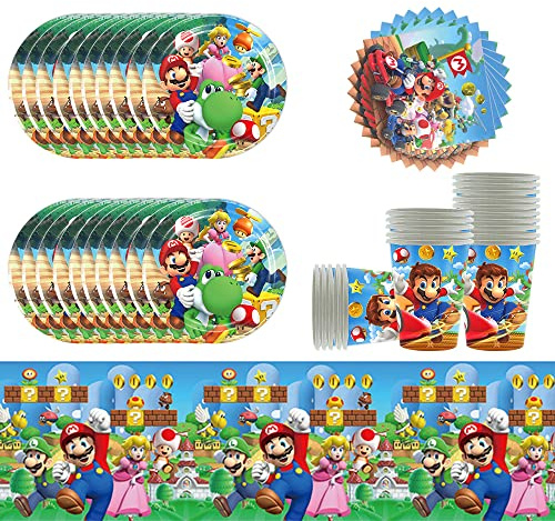 61Pcs Super Mario Birthday Party Tableware, Mario Party Supplies Paper Plate Set, Set incluso tovaglia Piatti Tazze Tovaglioli per Baby Shower, Matrimoni, Anniversario (20 ospiti)