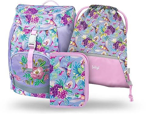 Baagl Schulranzen Mädchen für 1. Klasse, Airy Schultasche Set 3-Teilig, Grundschule Schulrucksack für Kinder, Ranzen für Schule, Tornister (Kolibri)