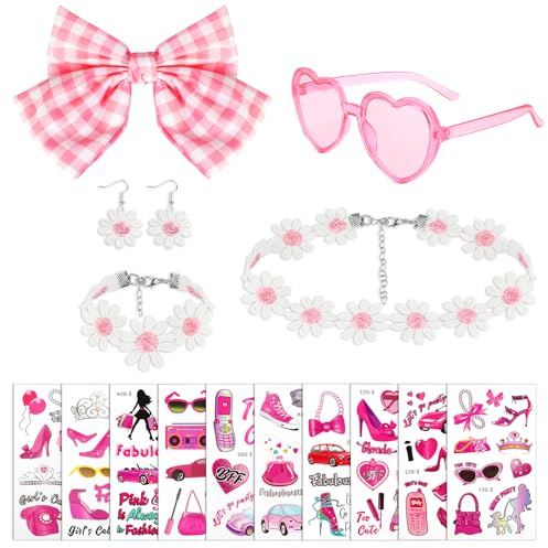 HOWAF 80er Jahre Outfit Damen Mottoparty, Haarspange Schleife Haare Herzbrille Herz Sonnenbrille Rosa Gänseblümchen Kette Ohrringe Blumen Armband Damen Party Costume Pink Costume Accessorie