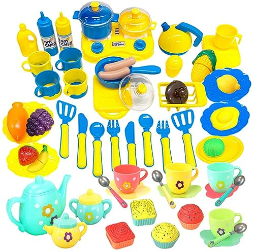 Koolbitz 65 PCs Kids Kitchen Accessories Toy & Tea Party Playset, Pretend Play Cooking Utensils Cookware, Teapot & Food Cutting Set, Afternoon Tea Set Gift for Children 3+ Years