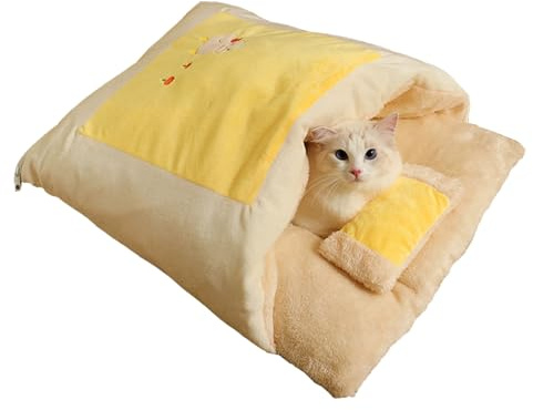 EBbels Katzenbett Katzenschlafsack, Bewegliches Winterwarmes Katzenhaus Haustierbett, Waschbares Fleece Weiches Haustier Beruhigungsbett Mit Kissen Für Katzen Und Kleine Hunde