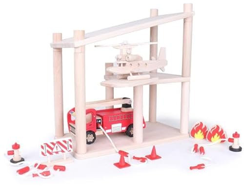 Holzspielzeug Peitz Zweistöckiges Spielhaus aus Buchenholz | Als Feuerwehrstation, Bauernhof & Puppenhaus | Mit Hubschrauber-Landeplatz 8210