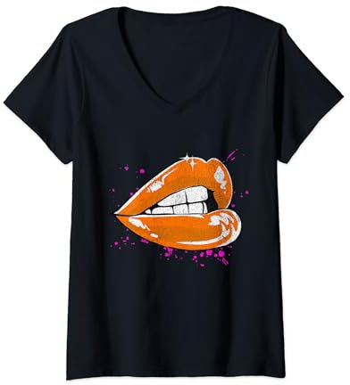 Große Lippen mit orangefarbenem Lippenstift, 80er Jahre 1980er Valentinstag T-Shirt mit V-Ausschnitt