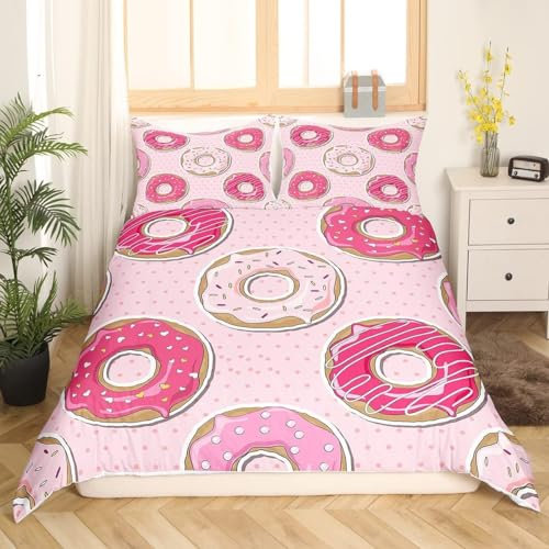 Set Copripiumino Matrimoniale 240x220 Ciambelle Biancheria da Letto in Morbida Microfibra Stampa 3D Ragazza Rosa Copripiumini con Cerniera + 2 Federe, E539