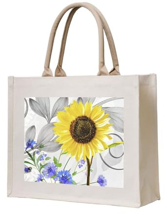 YWSOTRE Aquarell gelbe Sonnenblumen blaue Blumen, Tragetasche Canvas-Tasche Einkaufshandtasche Einkaufstüten, Mehrzweck-Schultertaschen