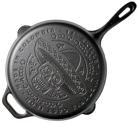 Victoria 12-Inch Day of The Dead La Calaca Cast Iron Skillet, Dia de Los Muertos Seasoned Cast Iron Frying Pan with Long Handle, Made in Colombia