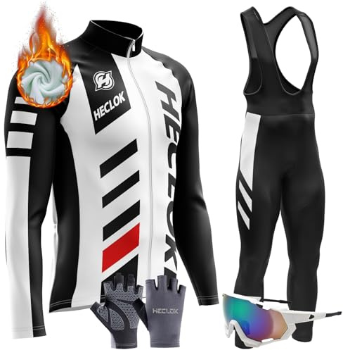 Vêtements Cyclisme Homme Hiver Tenue Cycliste en Polaire Thermique,Ensemble de Combinaisons, Maillot de Velo VTT Manche Longue Jersey et Pantalon à Bretelle avec 9D Coussin Gel