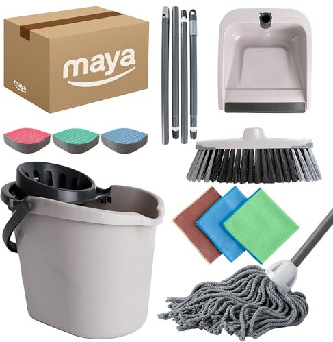 Maya - Set de Limpieza del Hogar Atomic 7 en 1 | Cubo de 14L con Escurridor, Fregona, Escoba, Palo por Secciones, Recogedor, Esponjas EVO y Bayetas de Microfibra Terry 200g