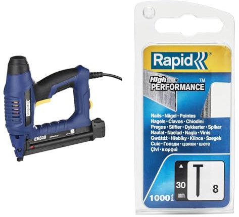 Rapid Elektronagler Nagelpistole EN330, Hochwertiger Nagler für Nägel Typ 8 (18Ga) 15-30 mm im Set mit Rapid Nägel Typ 8, 30mm Stauchkopfnägel 18Ga, 1.000 Stück