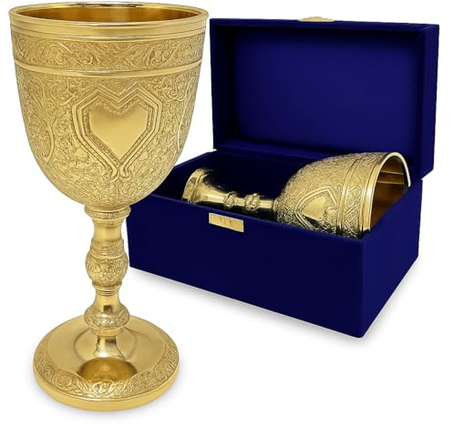 Heritage Emporium Royal Handmade Premium Engraved Solid Brass Vintage Wine Goblets, Decorative Plated Ornate With Blue Velvet Box, Medieval Gifts Chalice Glassware For Wedding Anniversary, (Gold)