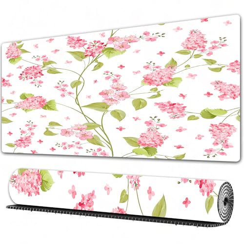 FEHWI Gaming Mouse Pad Extra Large Keyboard Mouse Mat Desk Pad Soft Smooth Surface and Anti-Slip Rubber,Flower pattern of purple hydrangea flowers over white background. Lilac flowers.,16x35.5 in