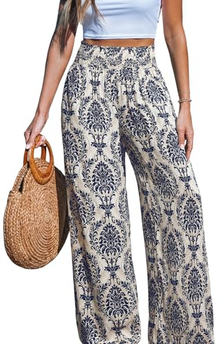 CUPSHE Womens Wide Leg Pants Elastic High Waisted Beach Trousers Cotton Linen Summer Palazzo Blue S