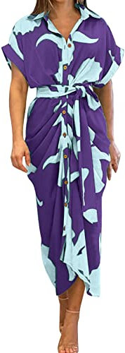 Generisch Robe chemise pour femme avec imprimé floral élégant, taille haute, col montant, manches courtes, robe d'été blanche à manches longues, lilas, L