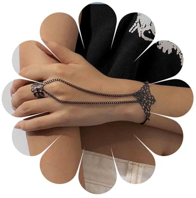 Aneneiceera Punk Black Finger Bracelet Ring Wrist Bracelets Black Ring Chain Bracelets Gothic Slave Bracelet Hand Chain Jewelry for Women